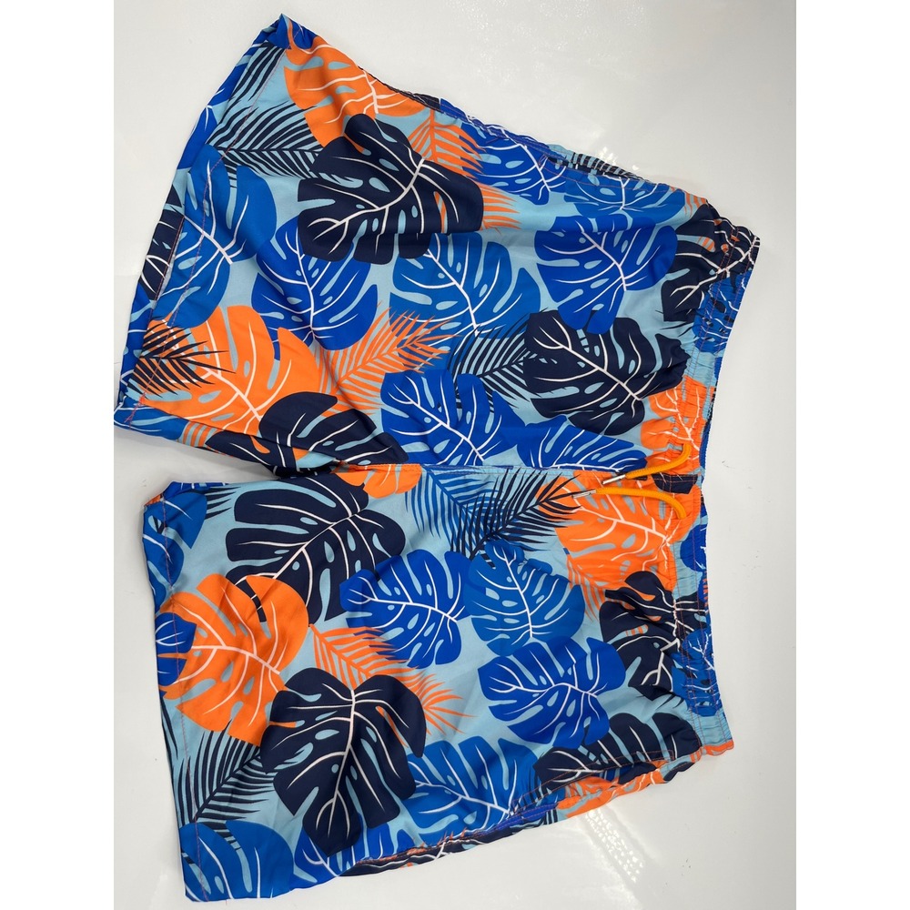 Mens Tropical Monstera Leaf Print Swim Trunks Blue Orange Board Shorts Large